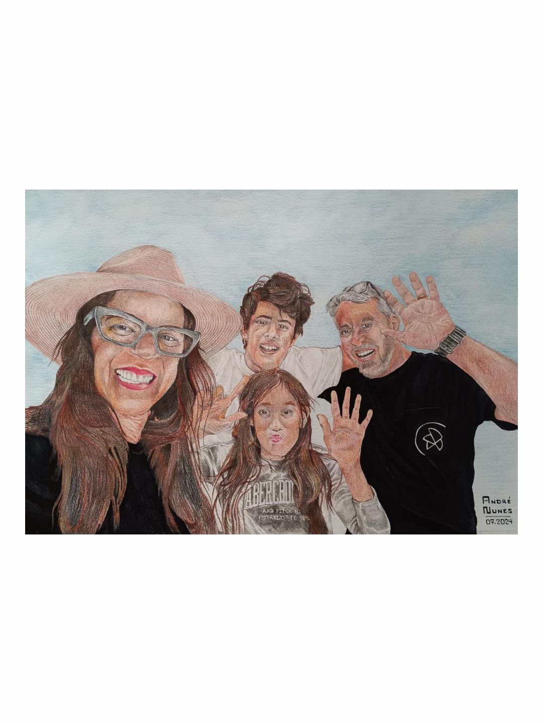 Retrato em lápis de cor de uma família chilena